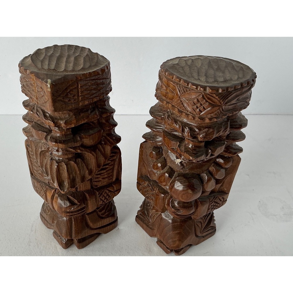 Vintage‎ Hand Carved Wooden Tiki Figures Pair Brown Folk Art Decor 5.5in